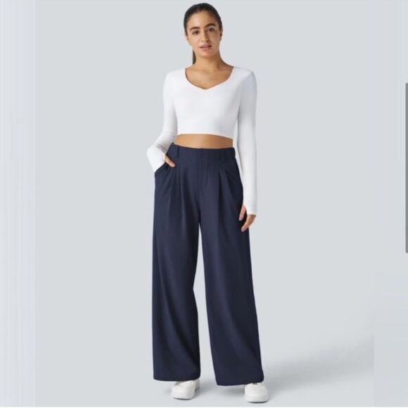 Halara Flex™ High Waisted Pocket Wide Leg Waffle Work Pants NEW Sz MP Dark Blue - Picture 1 of 9